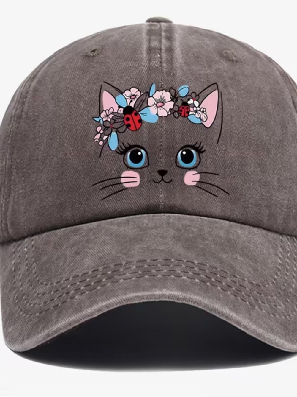 Women's Cute Cat Flower Ladybug Print Baseball Cap - NEW - Coffee Color